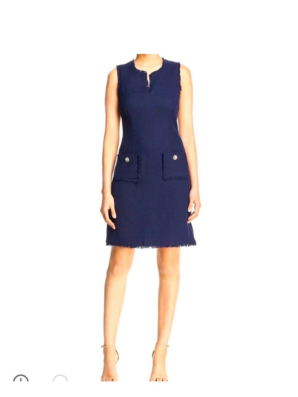 Karl Lagerfeld Navy Blue Paris Tweed Dress with gold and pearl accent buttons